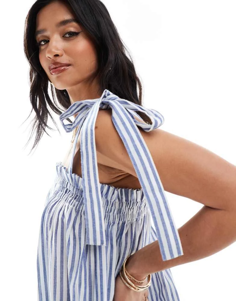 Miss Selfridge Miss Selfridge Petite strappy poplin maxi smock dress in blue stripe 4
