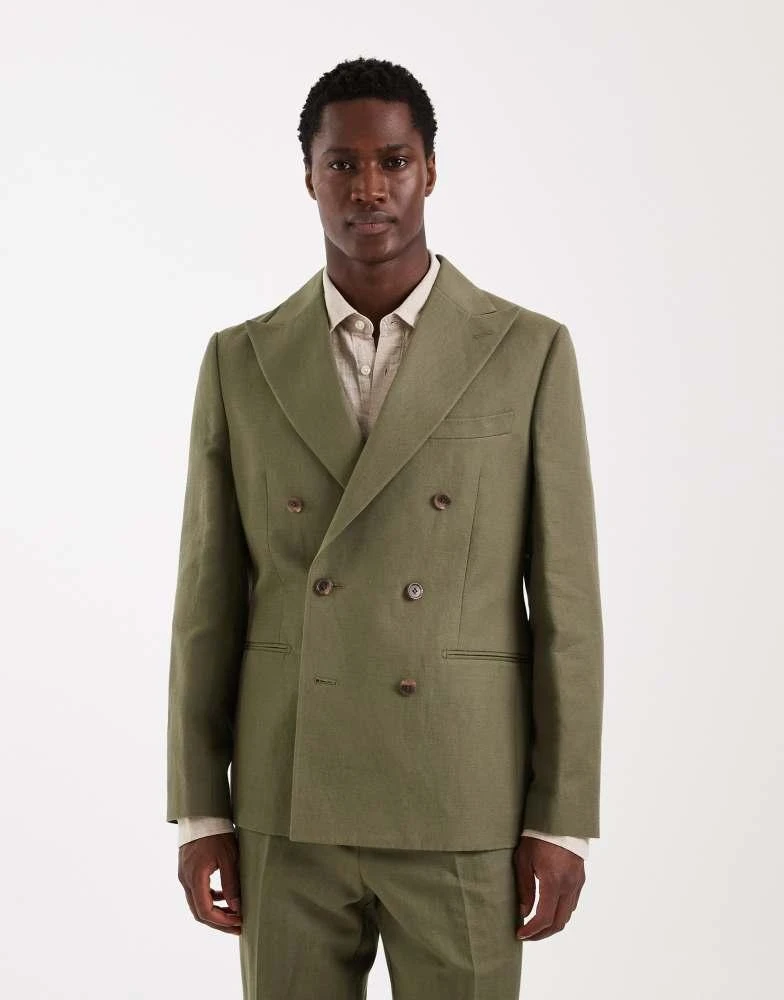 ASOS ASOS DESIGN slim linen rich double breasted suit jacket in dark olive