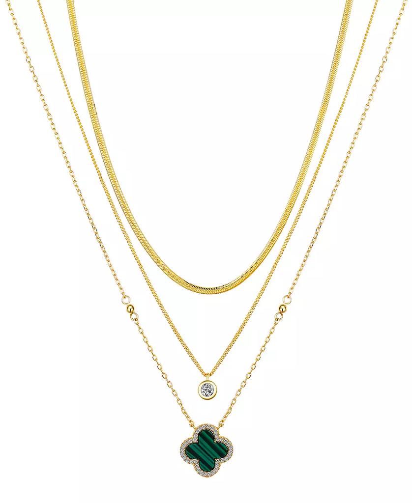 Unwritten Malachite Clover and Cubic Zirconia Bezel Layered Necklace Set