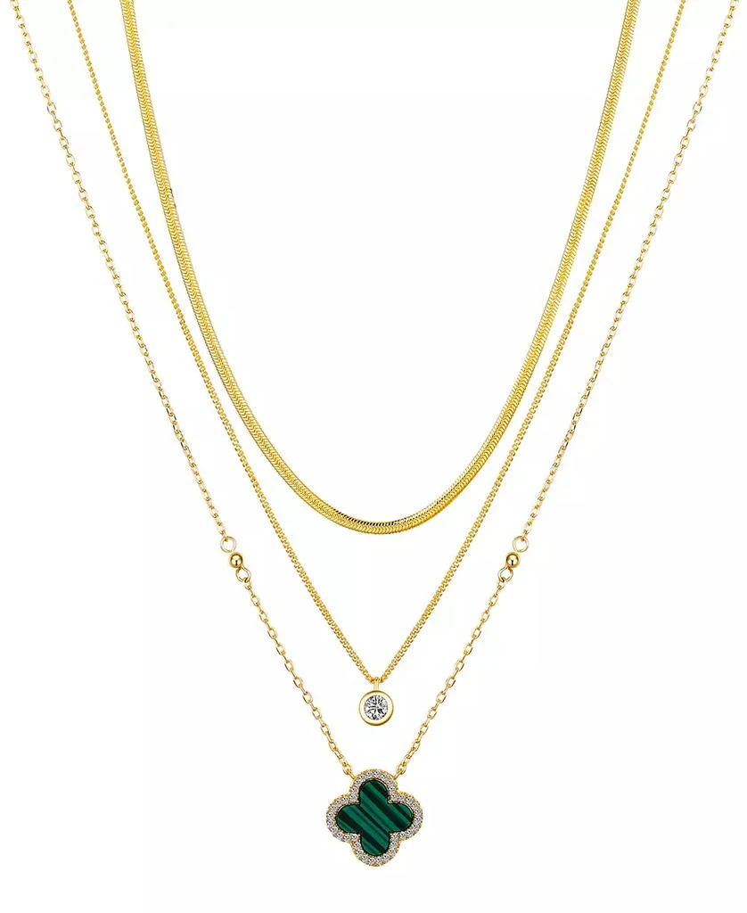 Unwritten Malachite Clover and Cubic Zirconia Bezel Layered Necklace Set 1