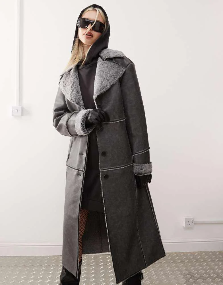 Reclaimed Vintage Reclaimed Vintage faux suede coat with fur trim 3