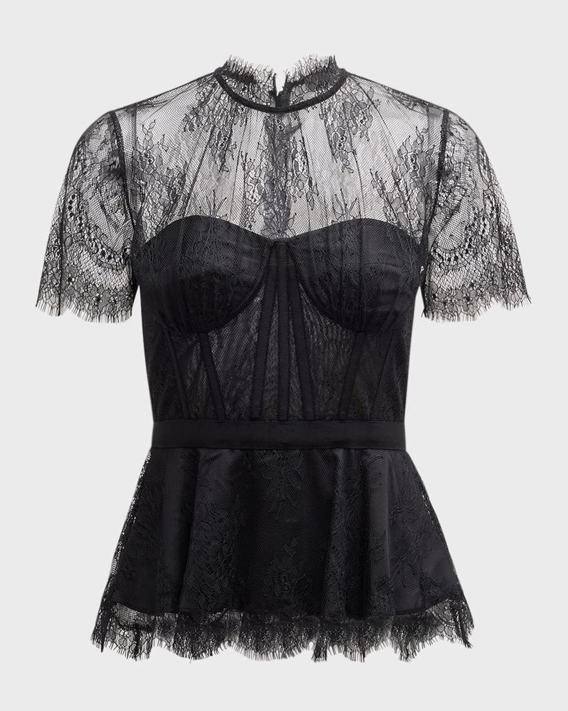 SIMKHAI Kehlani Sheer Lace Short-Sleeve Peplum Bustier Top 1