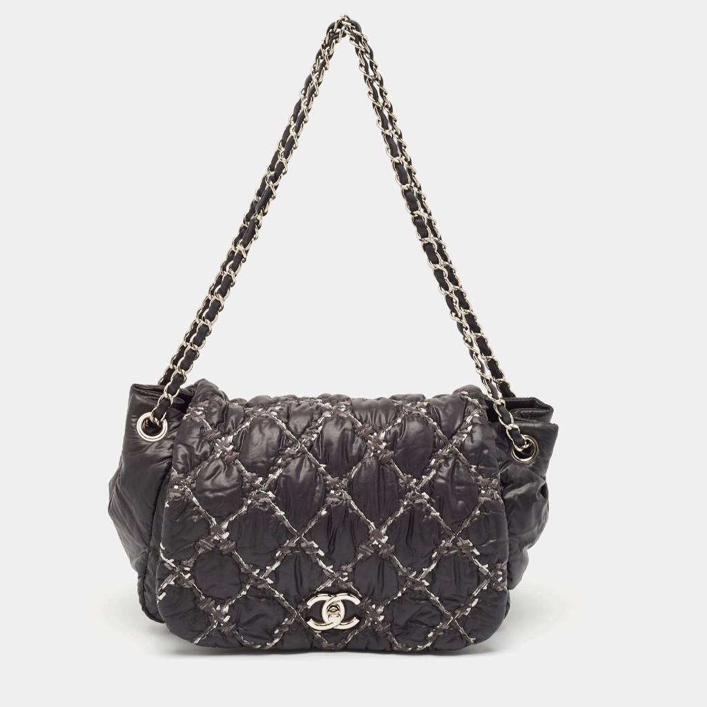 Chanel Chanel Black Quilted Nylon Tweed On Stitch Bubble Accordion Flap