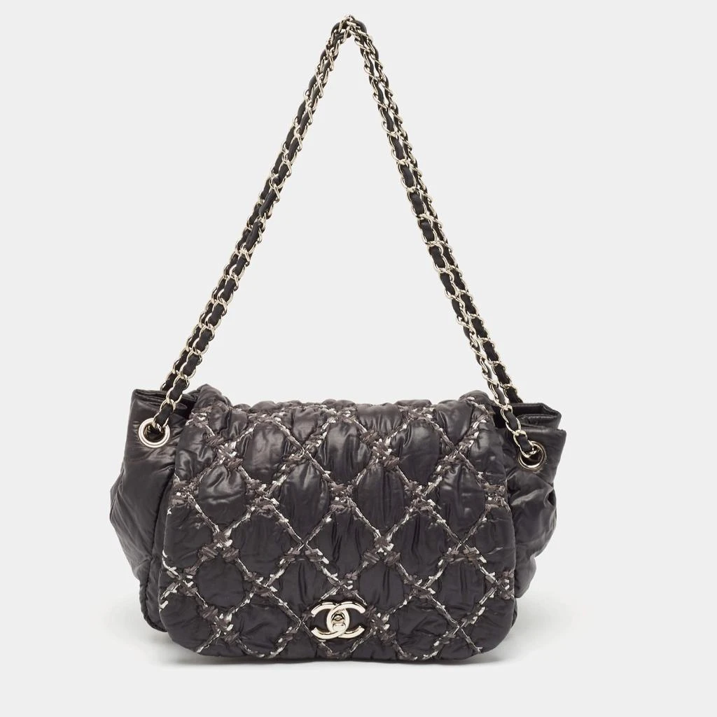 Chanel Chanel Black Quilted Nylon Tweed On Stitch Bubble Accordion Flap 1