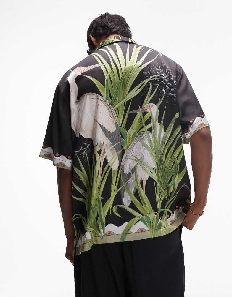 Topman Topman short sleeve satin heron shirt in black