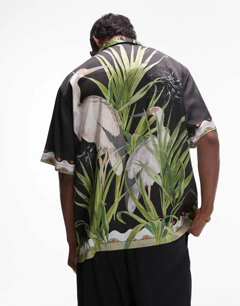 Topman Topman short sleeve satin heron shirt in black 2