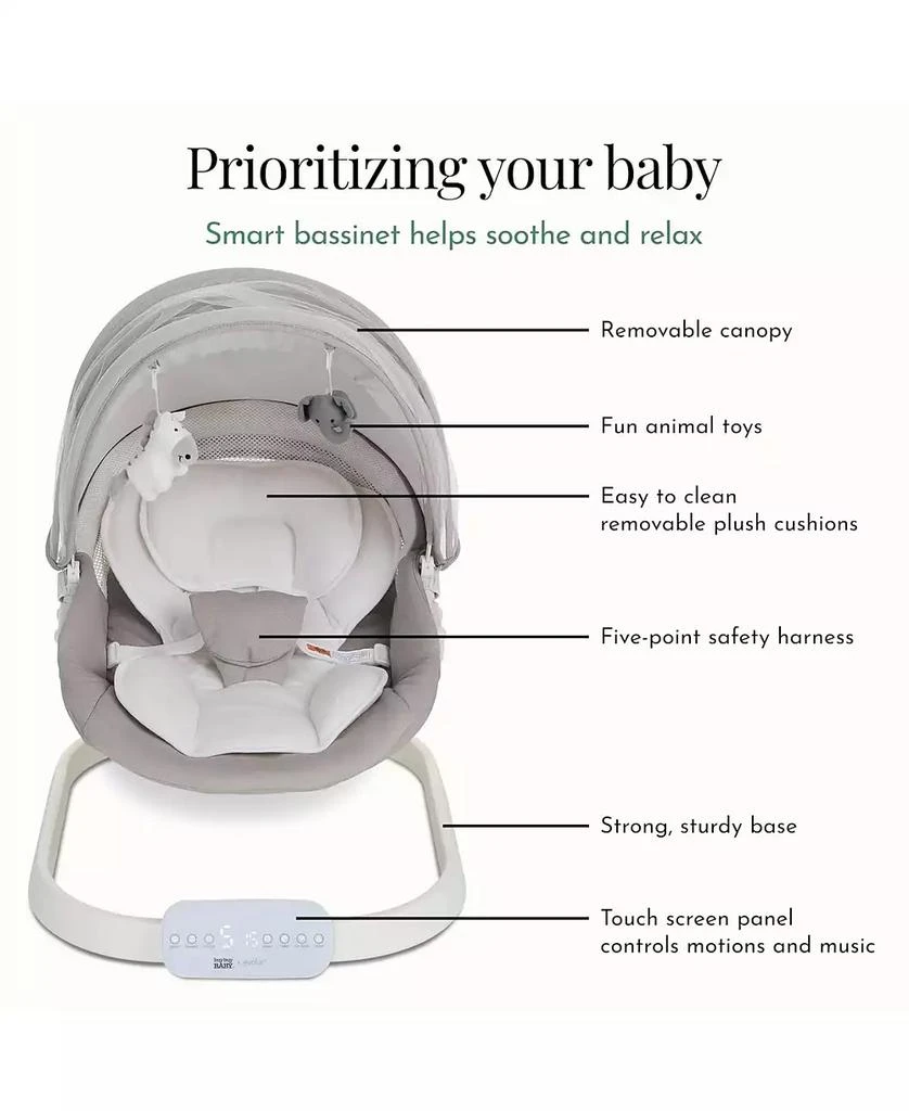Evolur Baby evolur Comfort Cocoon Swing: TUYA voice control, 5-speed sway with remote. Features touchscreen music, removable canopy, toys, and 5-point harness. 6