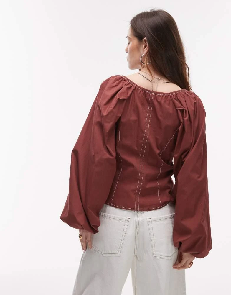 Topshop Topshop ruched neck balloon sleeve blouse with top stitching in chocolate 4