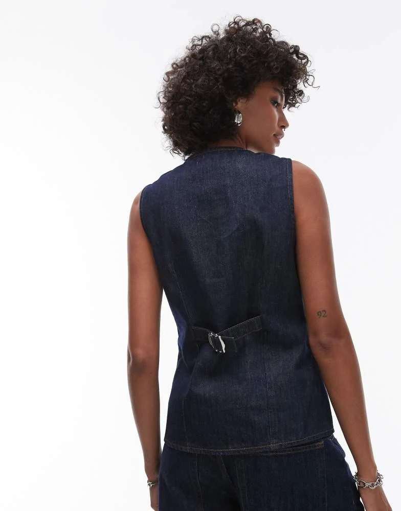 Topshop Topshop denim high neck waistcoat in raw look indigo 3