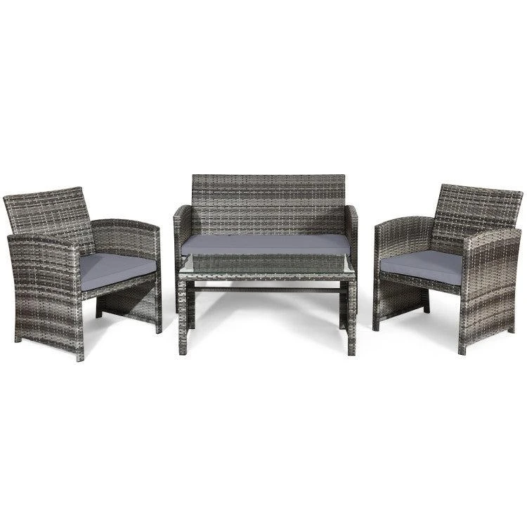 Hivvago 4 Pieces Patio Rattan Furniture Set with Glass Table and Loveseat-Gray
