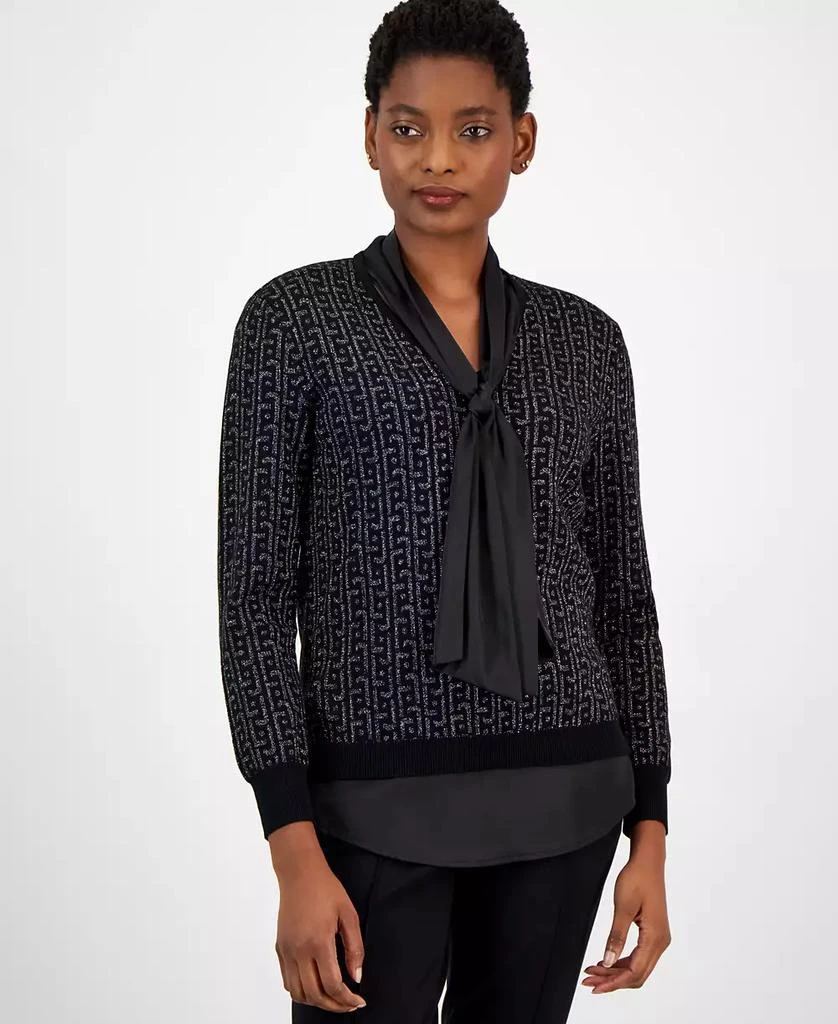 Anne Klein Women's Layered Jacquard Shimmer Sweater 1