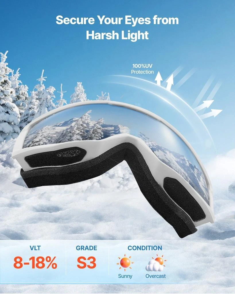 VVOR Ski Goggles, Cylindrical Lens with Pink Revo Coating, OTG Anti fog Snow Goggles for Men Women Youth, TPU Frame 
Ventilation Structure, Suitable for Skiing, Skating, Snowboarding, Cycling 3