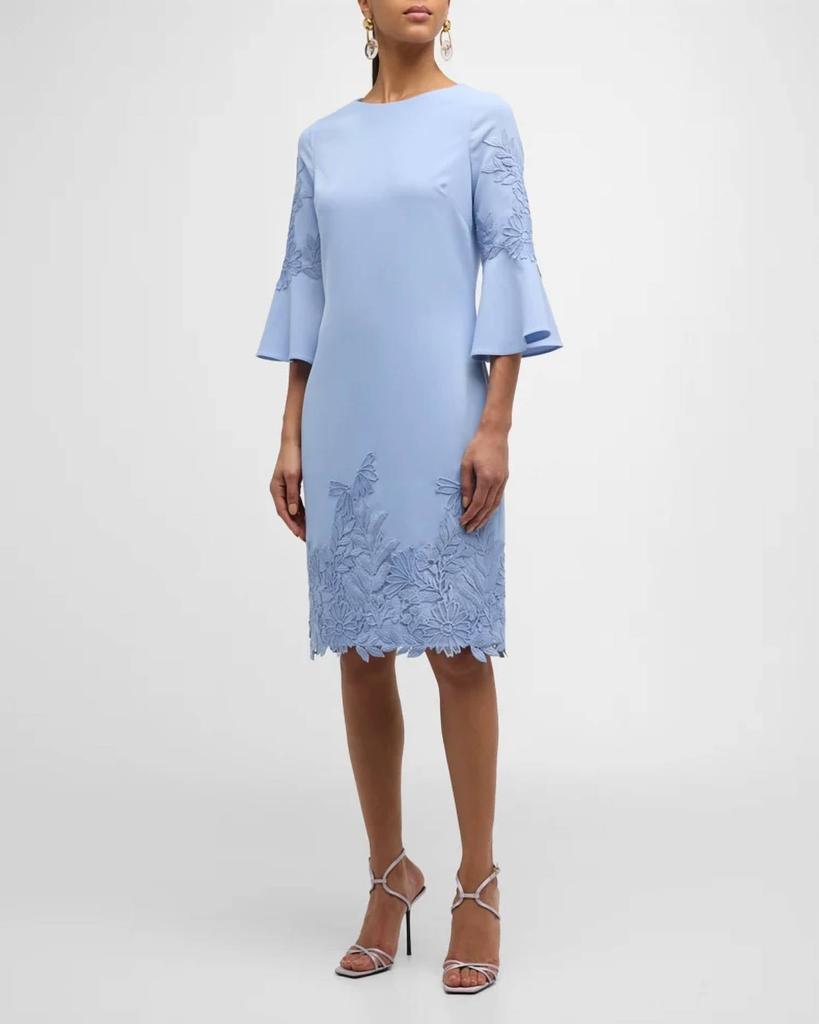 Teri Jon Lace Trim Bell Sleeve Crepe Midi Dress In Light Blue
