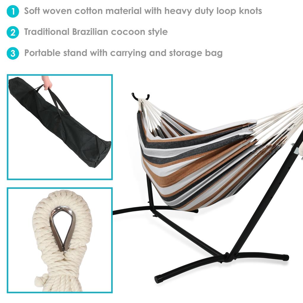 Sunnydaze Large Double Brazilian Hammock with Stand and Carrying Case - 400 lb Weight Capacity