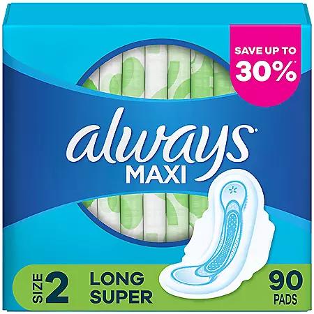 Always Always Maxi Long Super Pads, Unscented - Size 2, 90 ct.