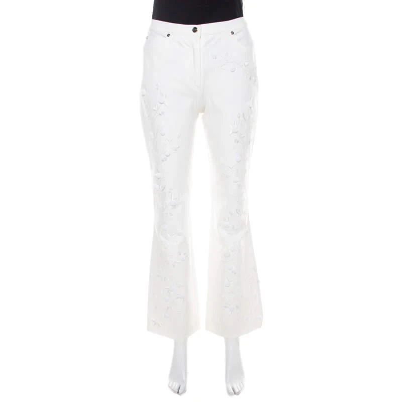 Escada Escada White Cotton Denim Sequined Rosette Applique Flared Jeans M 1