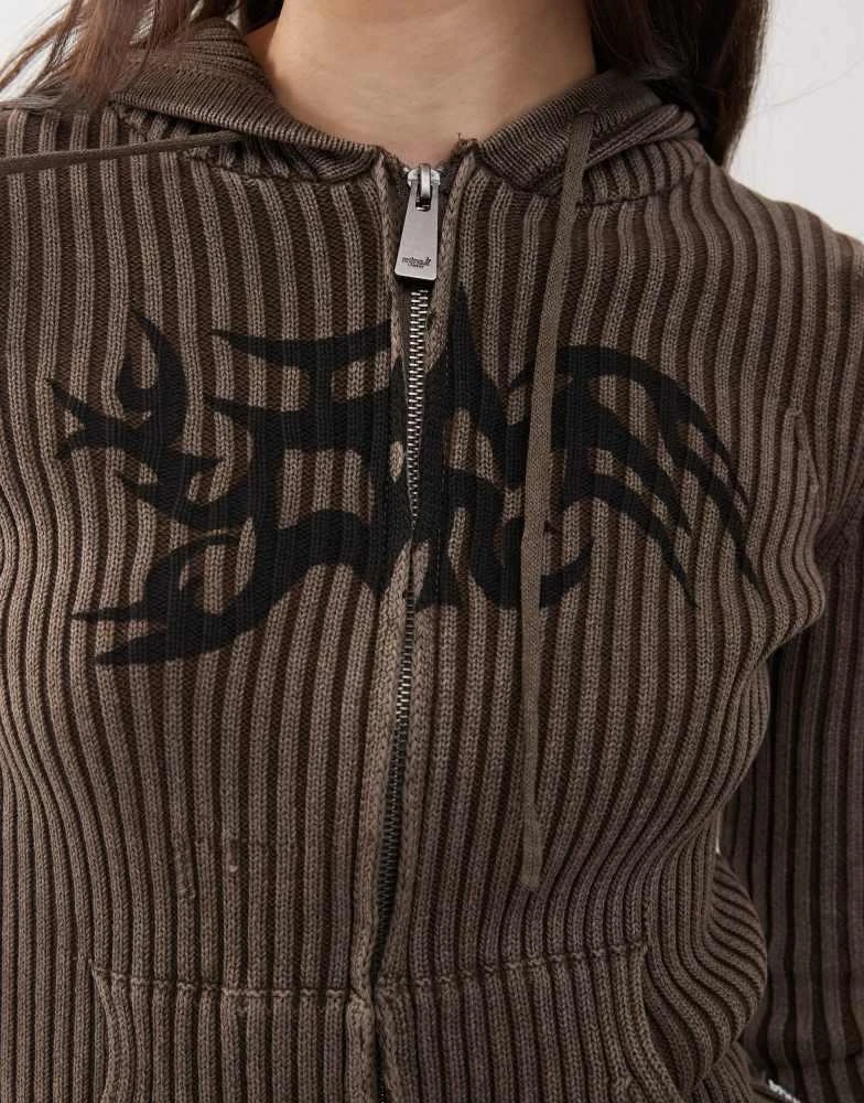 minga Minga London washed print rib zip up hooded cardigan in black 3