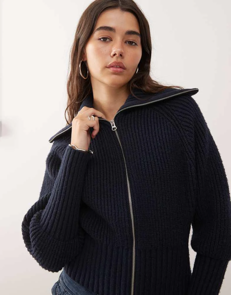 Weekday Weekday rib knit zip through cardigan in dark blue