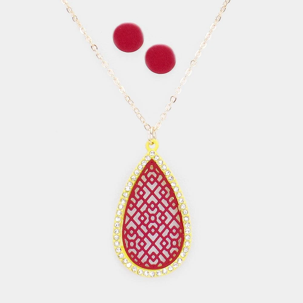 FASHNZFAB Filigree Rhinestone Pave Teardrop Pendant Necklace