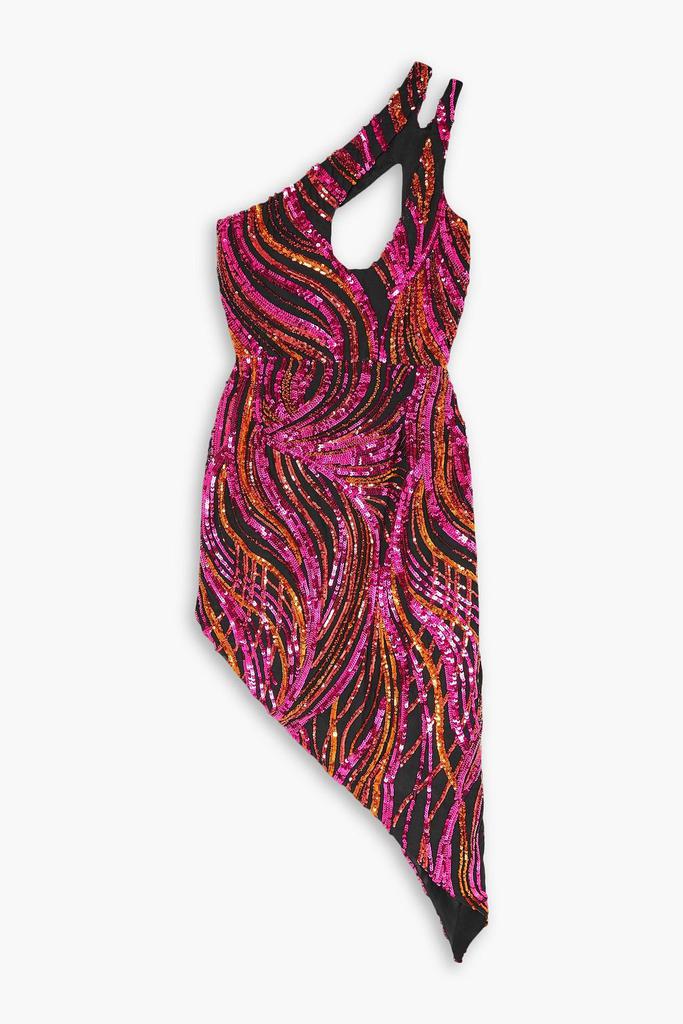 Halpern One-shoulder cutout sequined tulle mini dress
