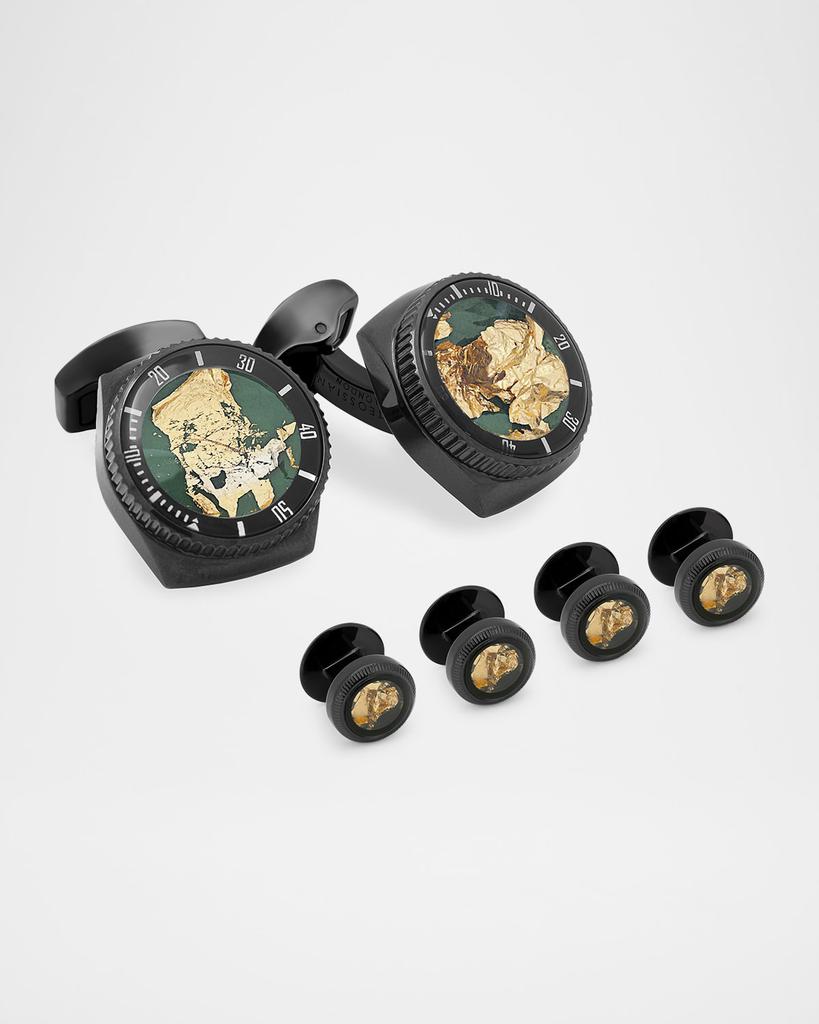 Tateossian Men's Black IP Plated Stainless Steel and 22K Gold Rotating Cufflink Stud Set