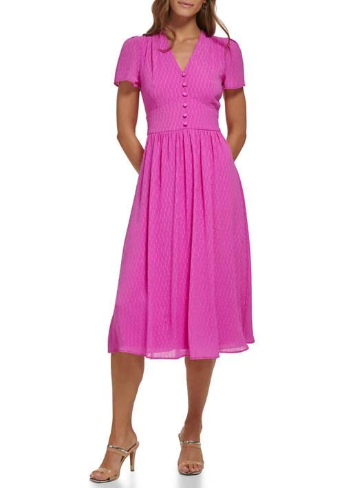 DKNY Womens Short Sleeve Jacquard Satin Button Front V Neck Midi Dress 1