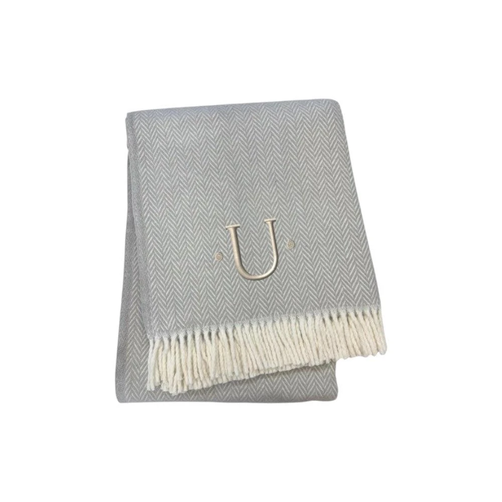 Hivvago 55" X 70" Gray And White Herringbone Cotton Blend U Initial Throw Blanket with Tassels And Embroidery