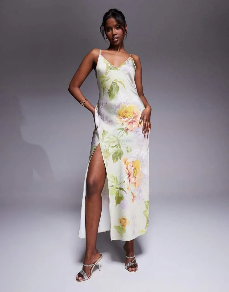 ASOS DESIGN satin v neck seam detail midaxi dress with split in green  floral print