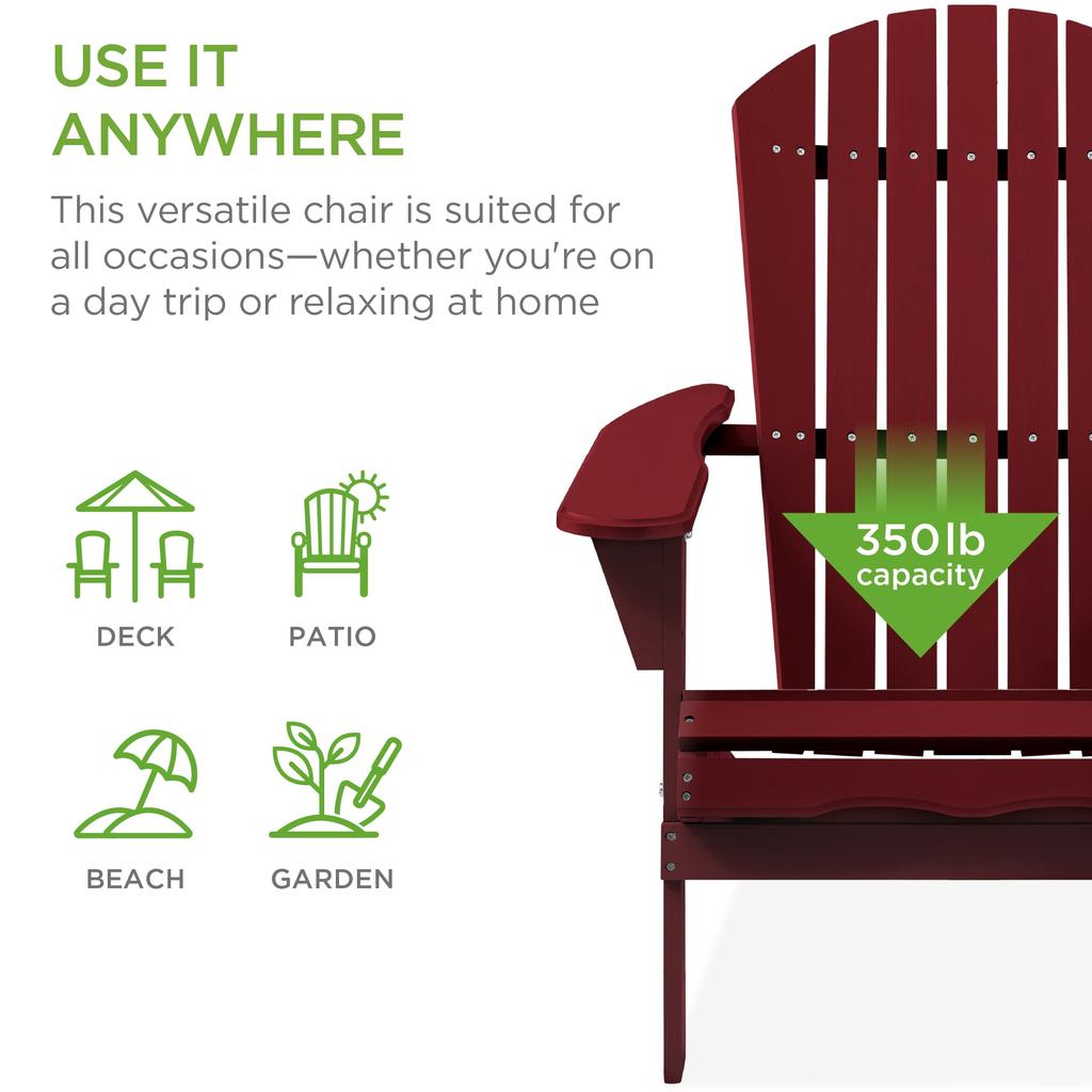 Best Choice Products Folding Adirondack Chair Outdoor, Wooden Accent Lounge Furniture w/ 350lb Capacity