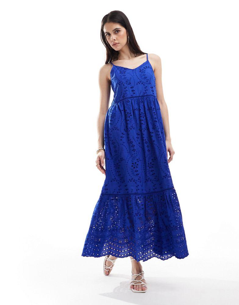Y.A.S. YAS broderie maxi cami dress in blue - MBLUE