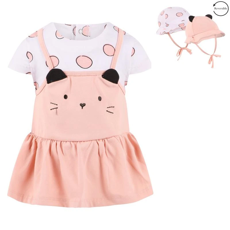 Mayoral Kitty bodysuit dress and reversible hat with chin strap in pink and white 1