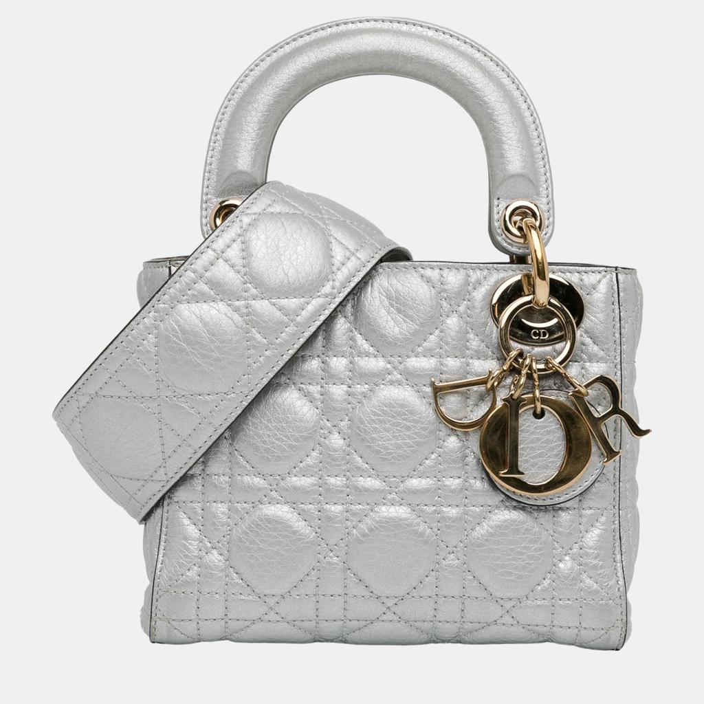 Dior Dior Silver Mini Metallic Calfskin Cannage Supple Lady Dior