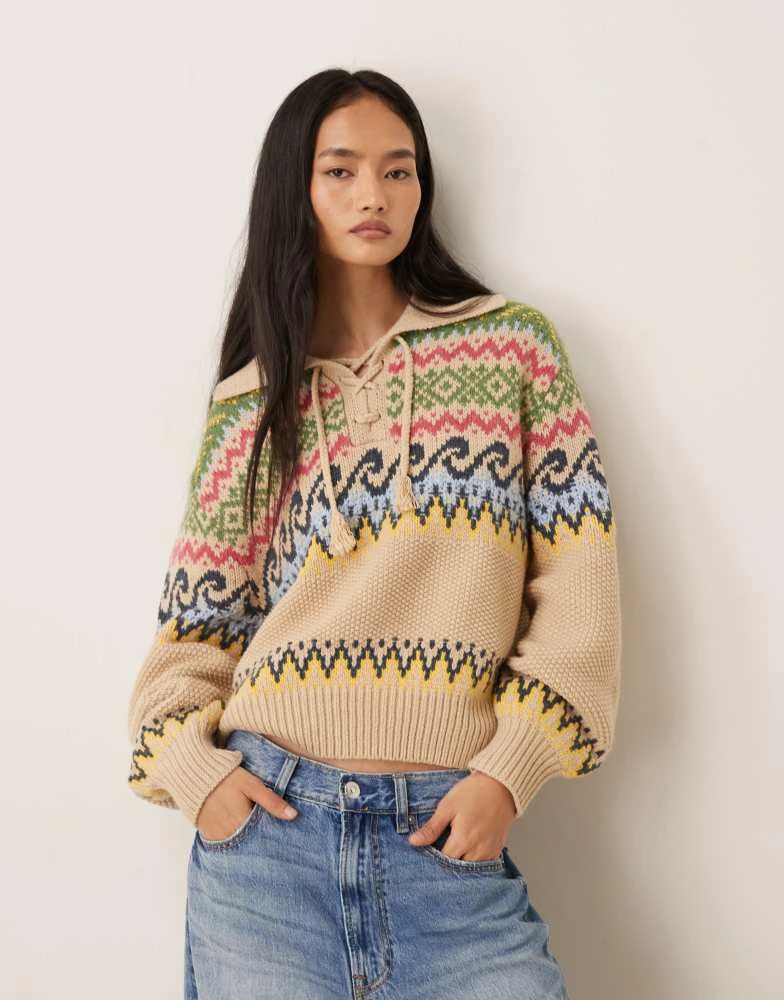 Ralph Lauren Polo Ralph Lauren shawl collar all over pattern cotton wool blend knit jumper in tan multi