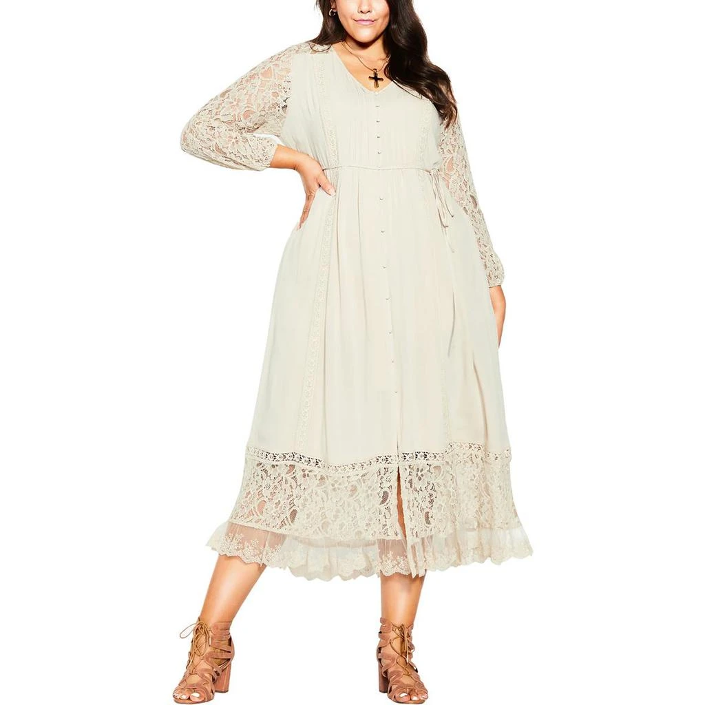 City Chic Plus Womens Lace Inset Long Sleeves Maxi Dress 3