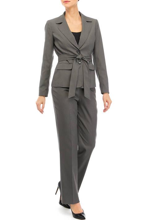 Le Suit Suit Womens Tonal Stripe Belted Jacket And Pants Set