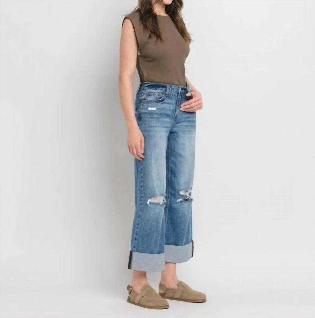 LOVERVET Rosy Super High Rise Double Cuffed Baggy Wide Jeans In Medium Wash 3