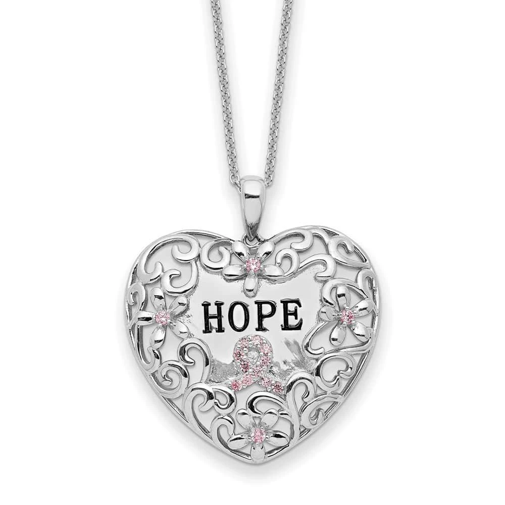 Diamond2Deal Sterling Silver Pink Cubic Zirconia Breast Cancer Heart Necklace