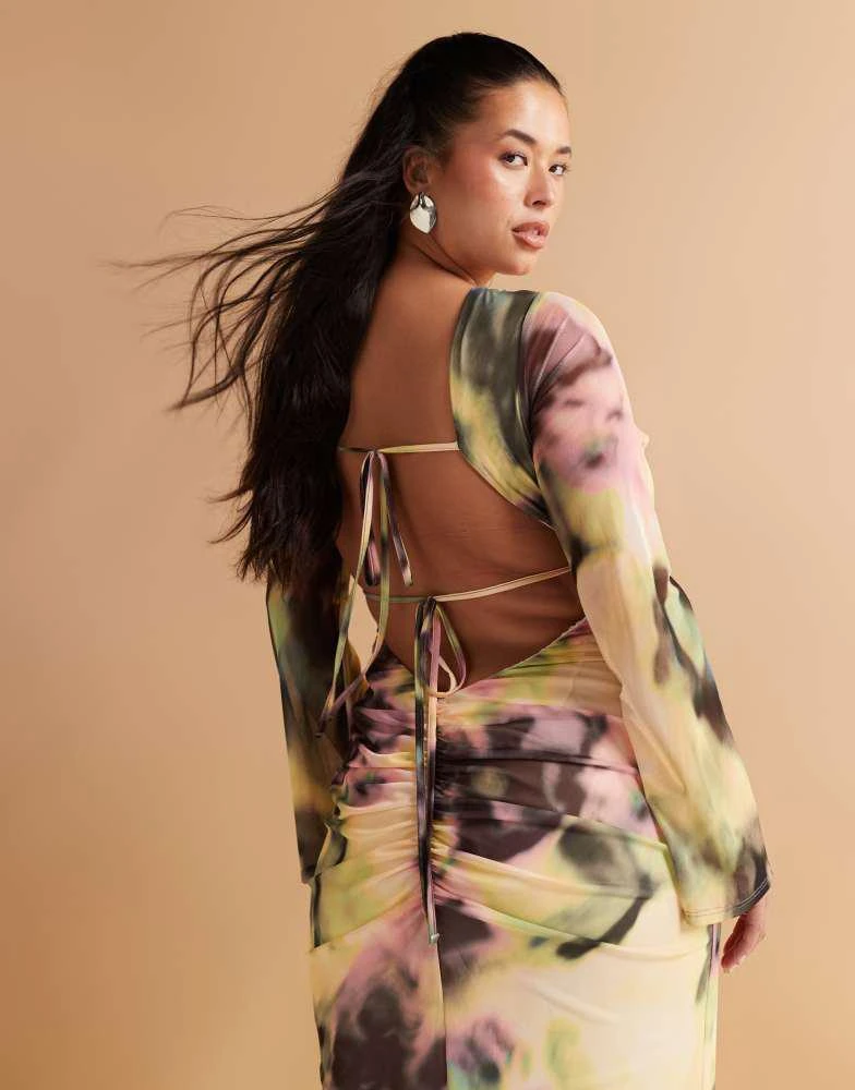 Shop ASOS DESIGN Curve long sleeve mesh maxi dress with double tie back in  green and yellow print on Sale at BeyondStyle  Get 60% Off ASOS DESIGN  Curve long sleeve mesh