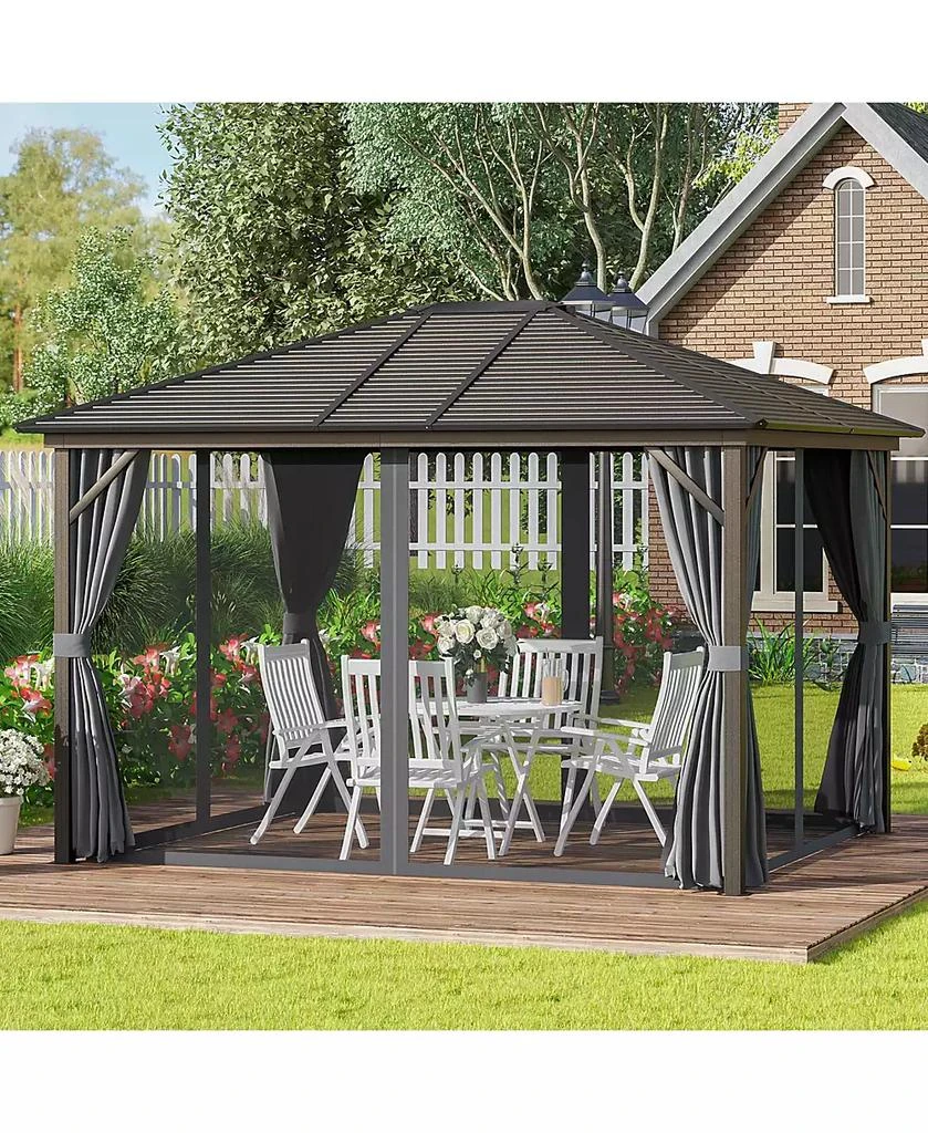 Outsunny 10
x12
Hardtop Gazebo, Mesh, Curtains, Steel Slat Canopy, Dark 2