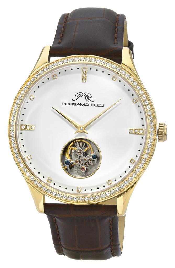 Porsamo Bleu William Automatic Tourbillon Croc Embossed Leather Strap Watch, 45mm