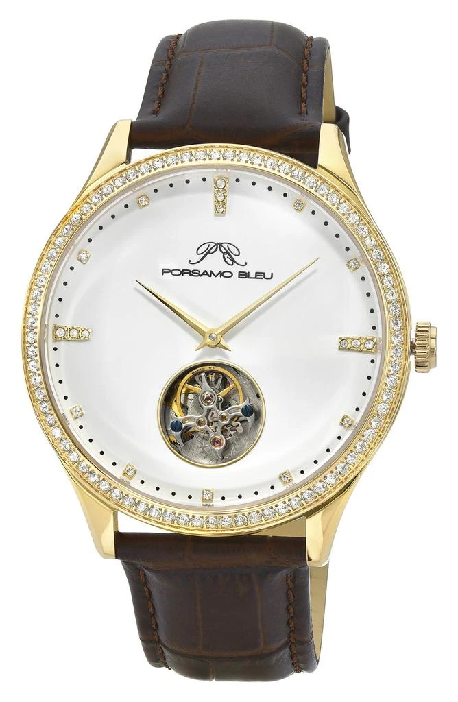 Porsamo Bleu William Automatic Tourbillon Croc Embossed Leather Strap Watch, 45mm 1