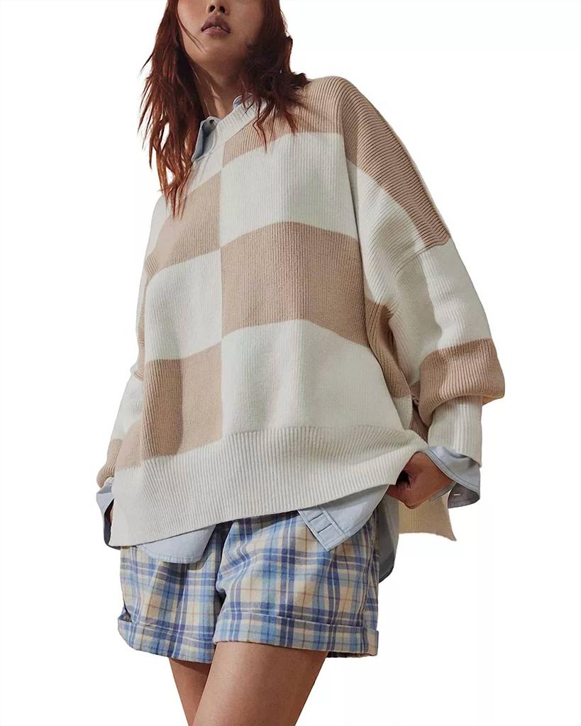 Free People Checker Easy Street Sweater In White Sand