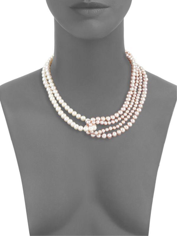 BELPEARL Sterling Silver & 5-7MM White & Pink Cultured Freshwater Semi Round Pearl Knot Necklace