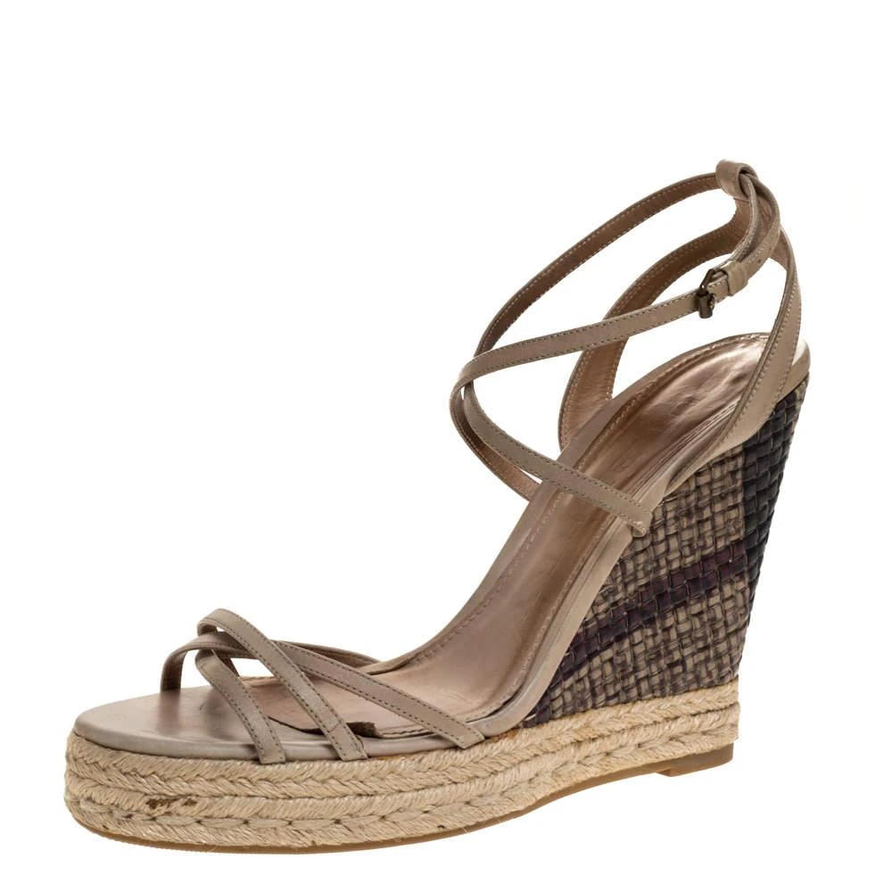 Burberry Burberry Pale Green Strappy Leather Woven Wedge Espadrille Sandals Size 39 1