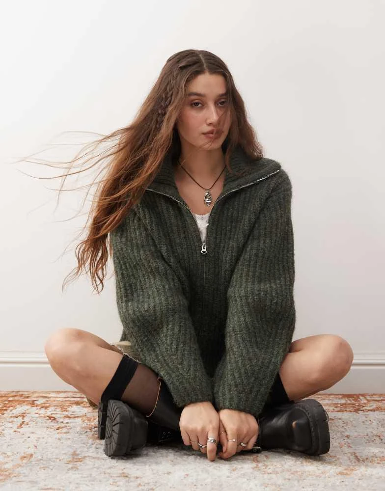 Weekday Weekday Bea wool blend zip through cardigan in dark green melange 1