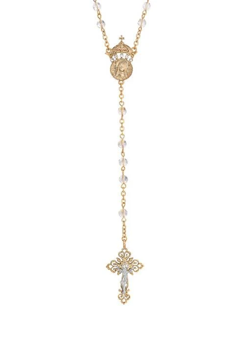 Symbols of Faith 14K Gold-Dipped Crystal Two Rings and Cross Medallion Wedding Rosary - 20"