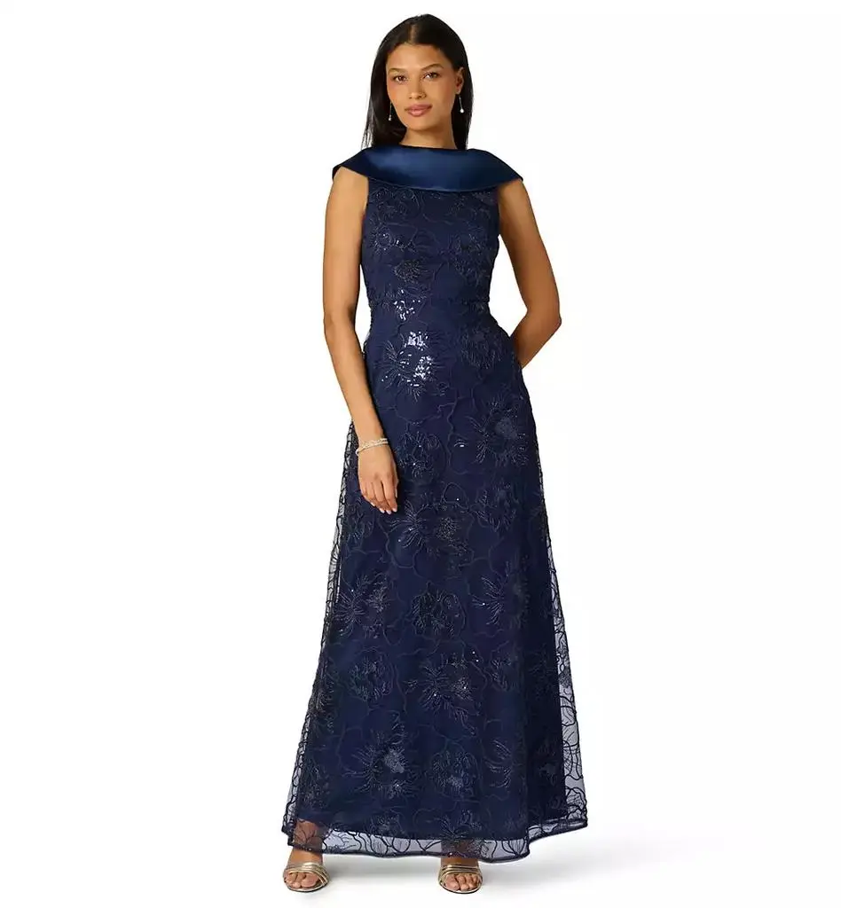 Adrianna Papell Women's Embroidered Boat Neck Gown