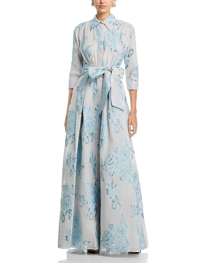 Teri Jon Metallic Jacquard Shirtdress Gown with Floral Print Size 4