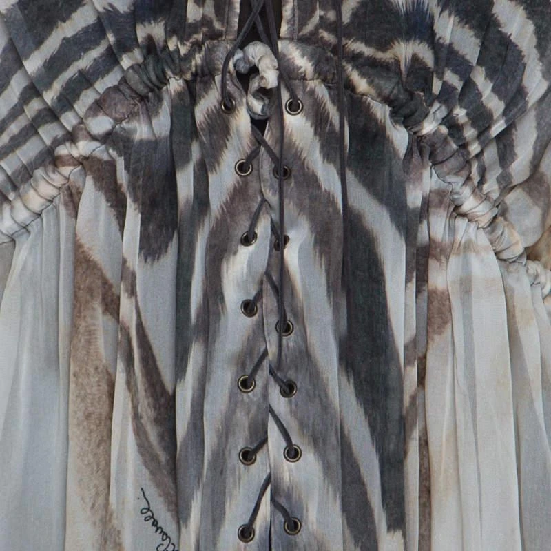 Just Cavalli Just Cavalli Cream and Grey Tiger Printed Silk Tie Front Sheer Dress L  5