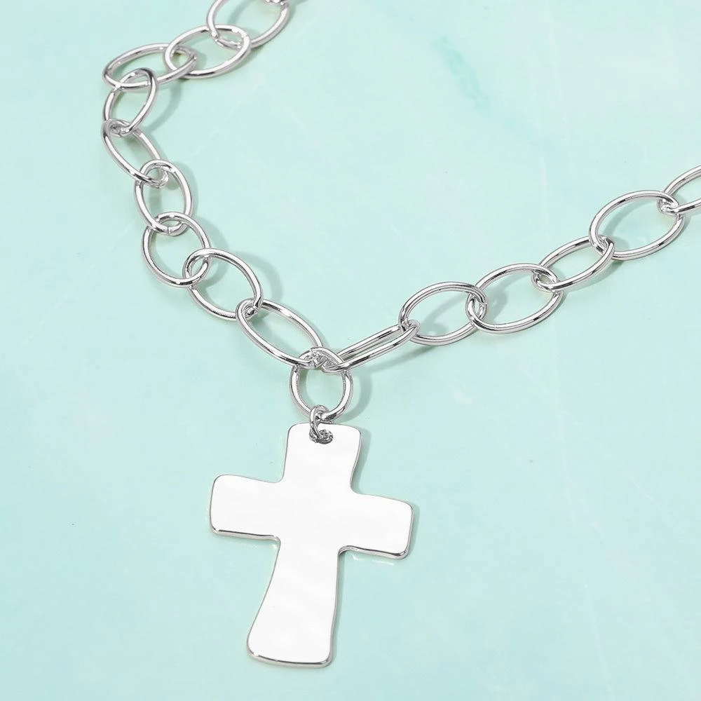 FASHNZFAB 18K Gold Dipped Chunky Cross Pendant Oval Link Chain Statement Necklace 1